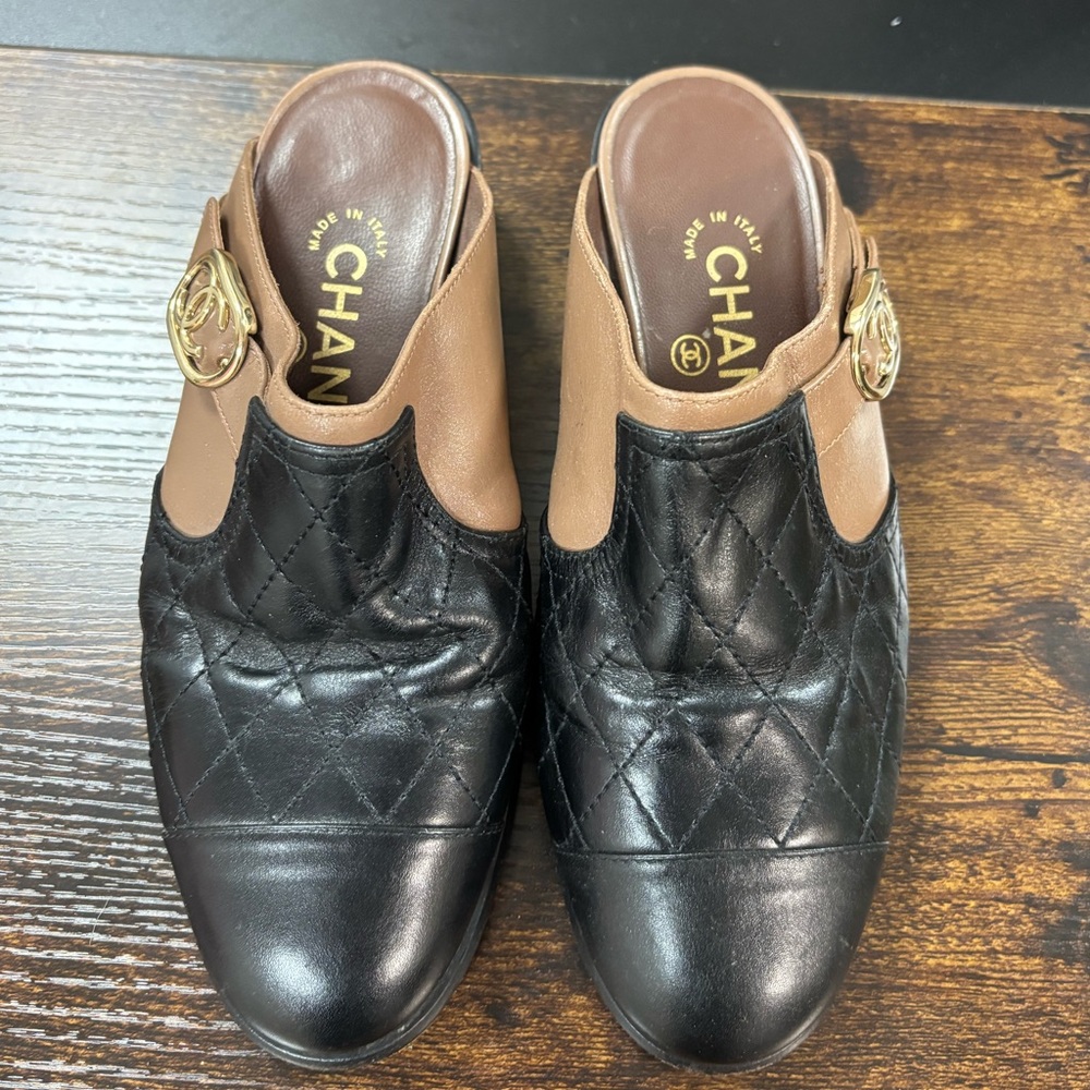 Chanel Black and Tan Quilted Mules